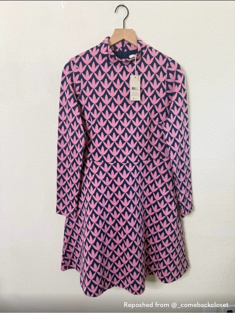 Boden Pink and Navy Geometric Long-Sleeve Fit-and-Flare Dress